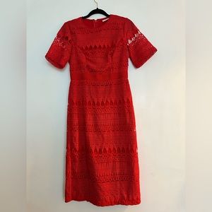 Eva Mendes Sheath Dress Red Lace Overlay Short Sleeve Modest Cocktail Party